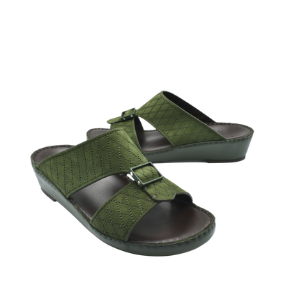 Green premium suede sandals with dual buckle straps and cushioned sole for comfort
