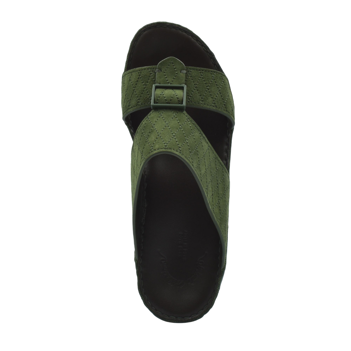 Green premium suede sandals with buckle strap and cushioned black sole for comfort