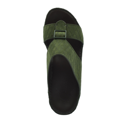 Green premium suede sandals with buckle strap and cushioned black sole for comfort