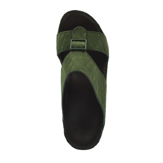 Green premium suede sandals with buckle strap and cushioned black sole for comfort