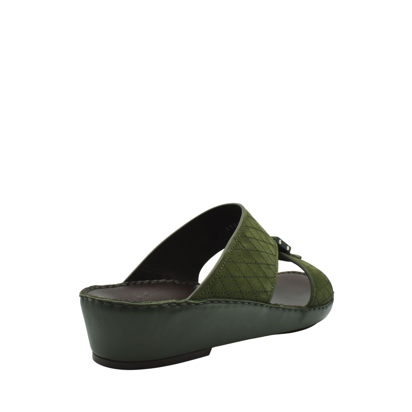 Green premium suede sandals with a low wedge heel and open toe design for comfortable wear