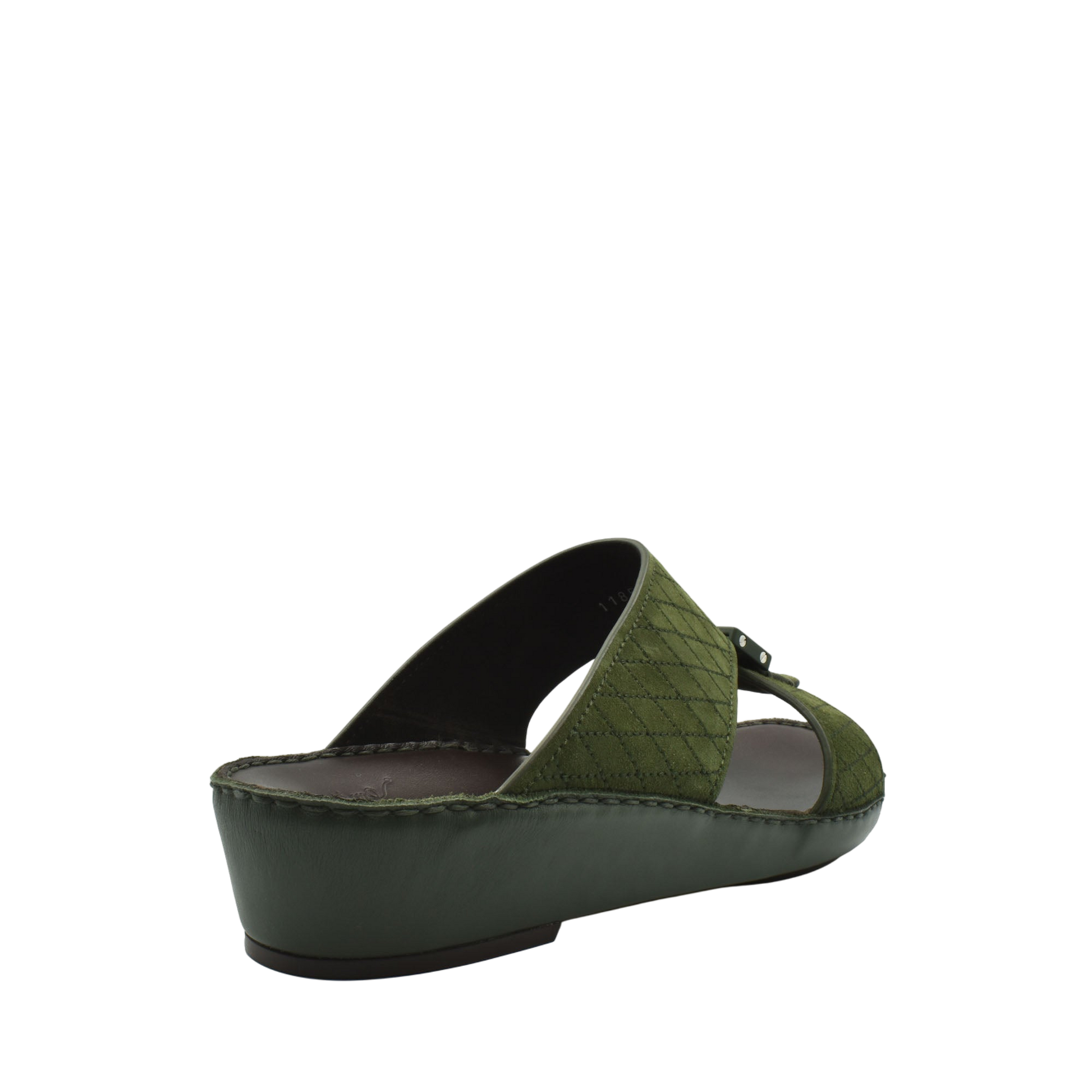 Green premium suede sandals with a low wedge heel and open toe design for comfortable wear