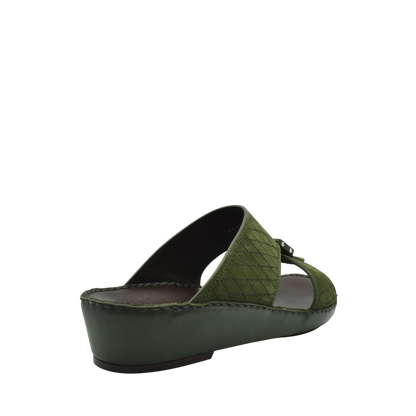 Green premium suede sandals with a low wedge heel and open toe design for comfortable wear