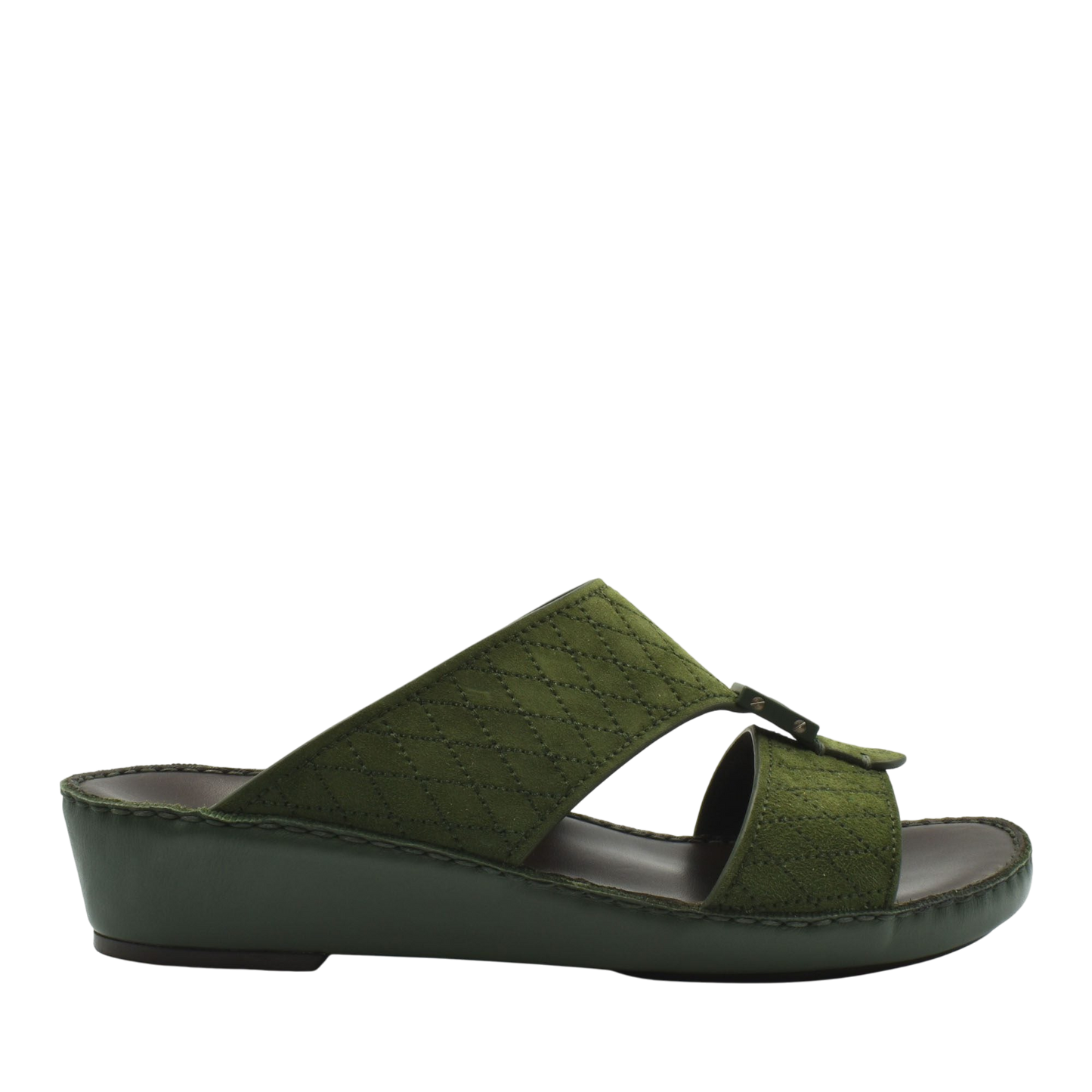 Olive green premium suede sandals with a quilted design and comfortable wedge sole