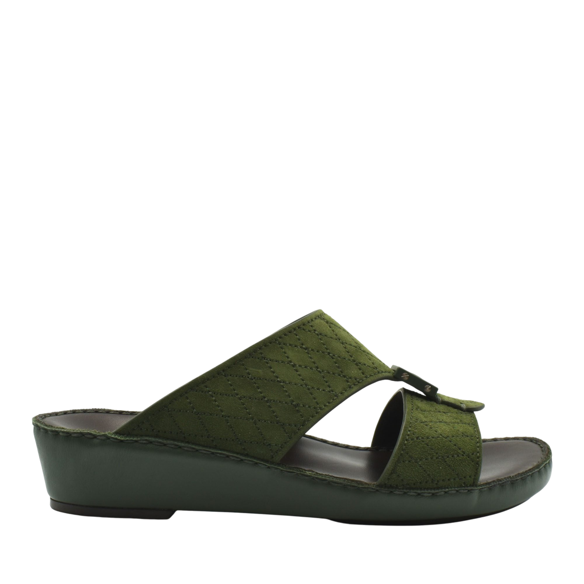 Olive green premium suede sandals with a quilted design and comfortable wedge sole