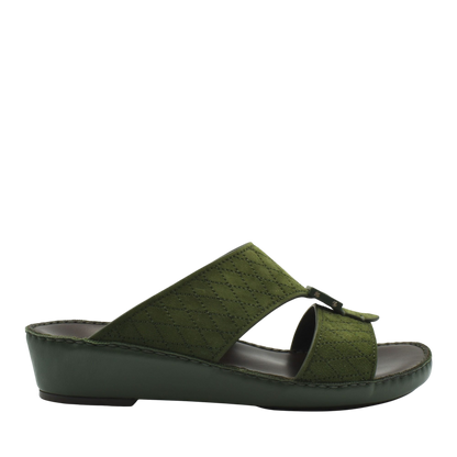 Olive green premium suede sandals with a quilted design and comfortable wedge sole