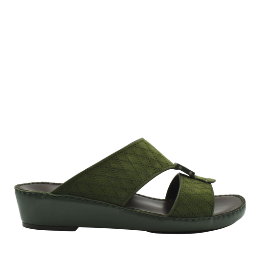 Olive green premium suede sandals with a quilted design and comfortable wedge sole