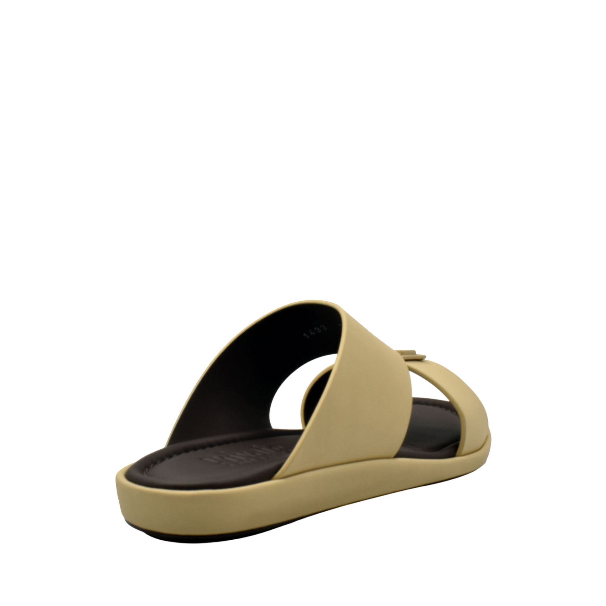 Beige prestige casual footwear slide sandal with cushioned black footbed and open toe design