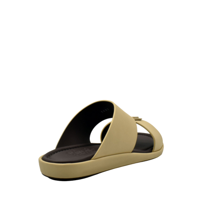 Beige prestige casual footwear slide sandal with cushioned black footbed and open toe design