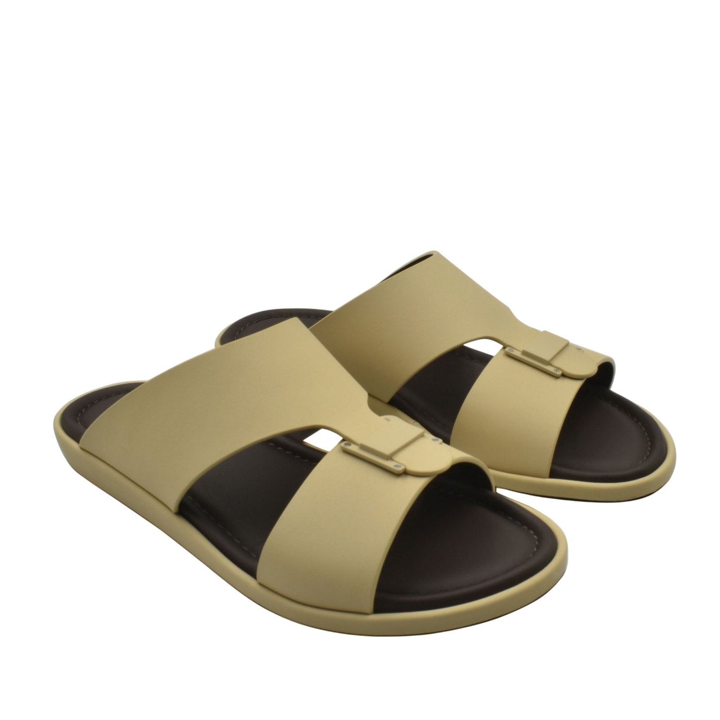 Beige open-toe slides with brown footbed from Private Collection prestige casual footwear