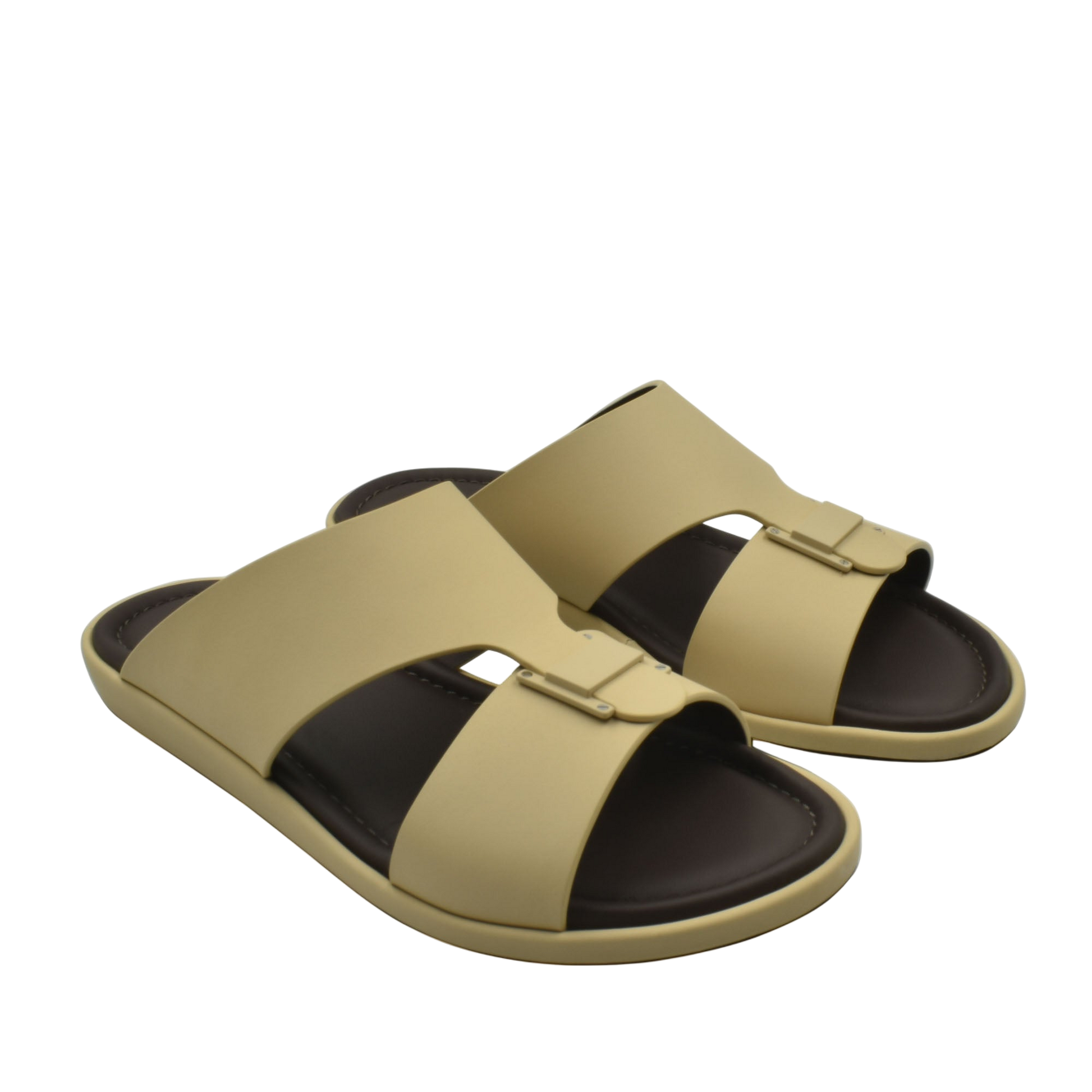Beige open-toe slides with brown footbed from Private Collection prestige casual footwear