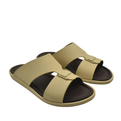 Beige open-toe slides with brown footbed from Private Collection prestige casual footwear