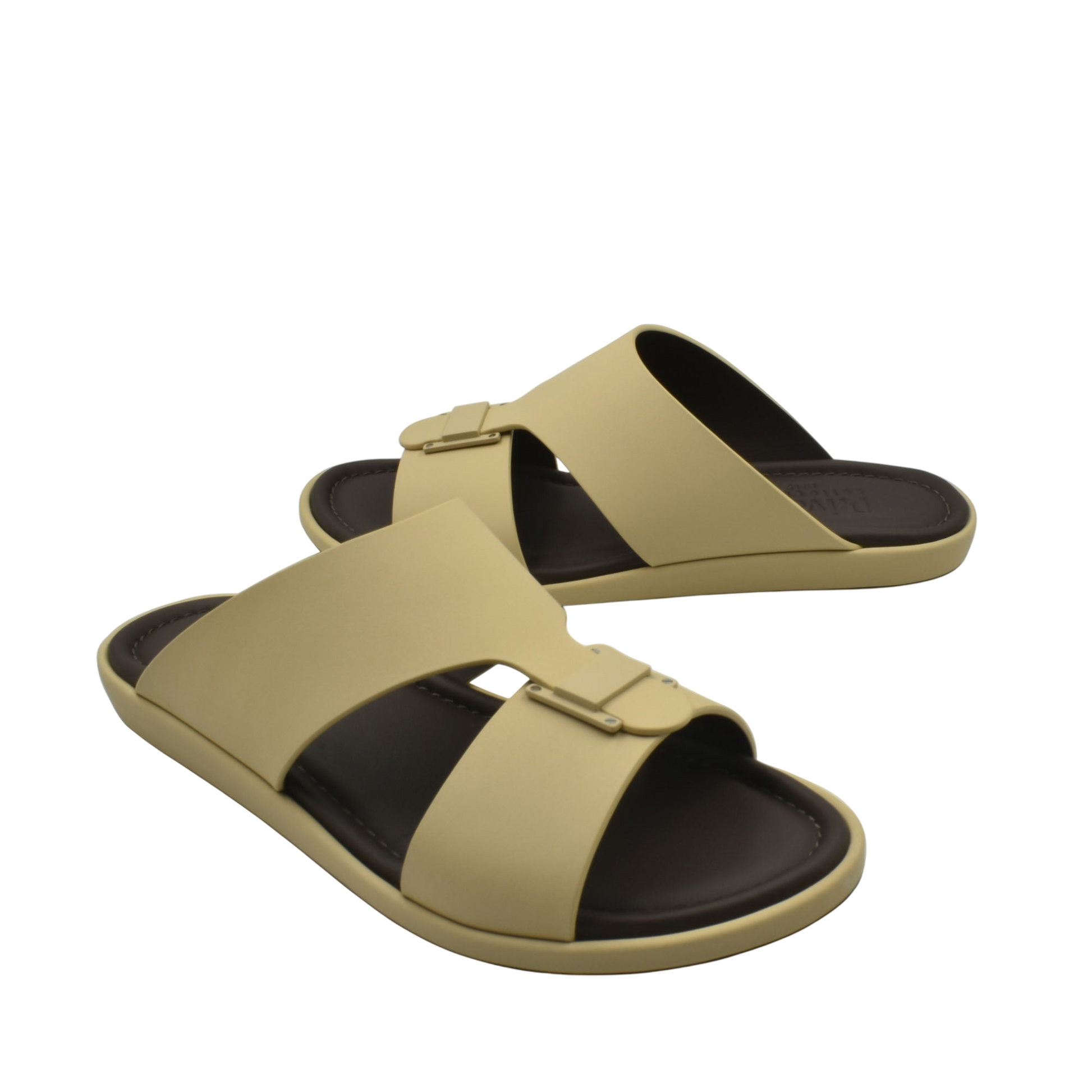 Beige and brown slip-on sandals from Private Collection featuring prestige casual footwear design with buckle straps