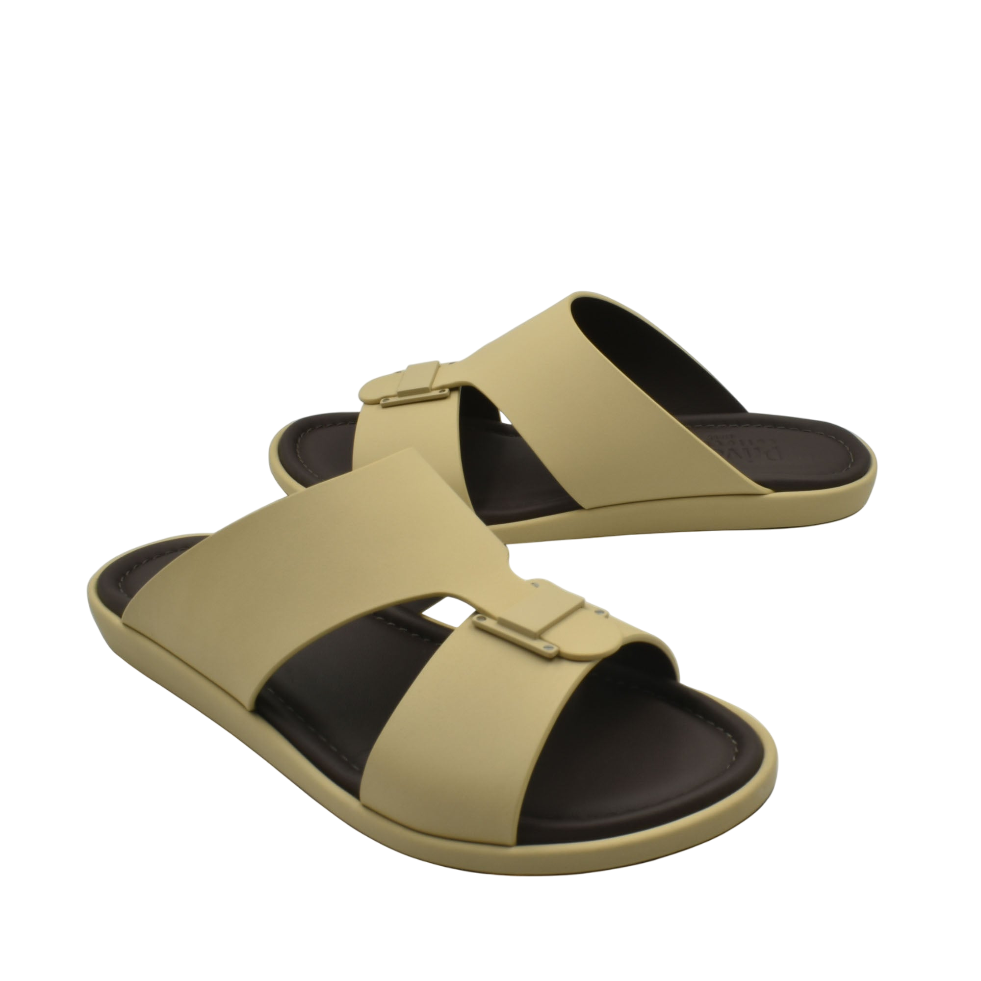 Beige and brown slip-on sandals from Private Collection featuring prestige casual footwear design with buckle straps