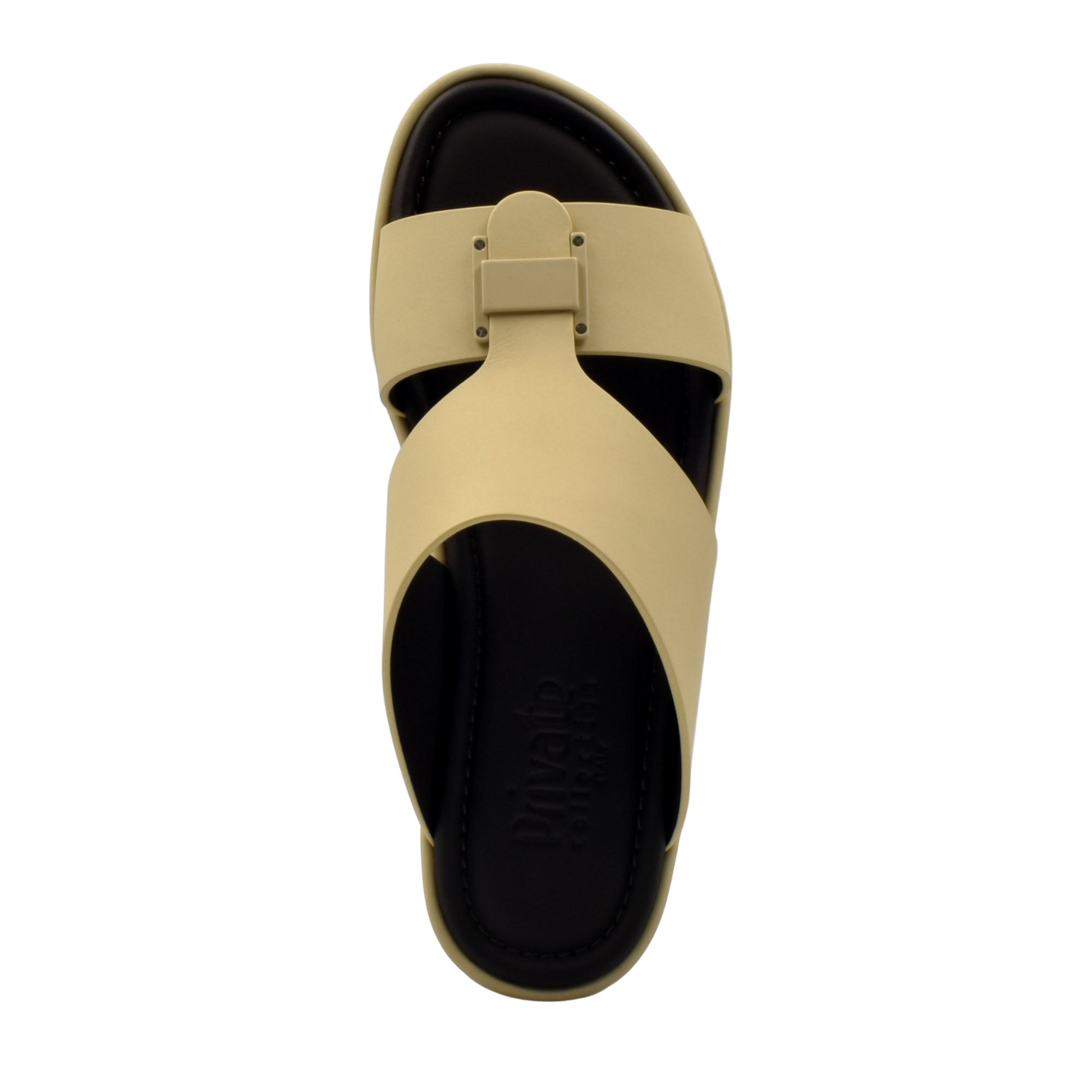 Beige and black slip-on sandal designed as prestige casual footwear with comfortable straps