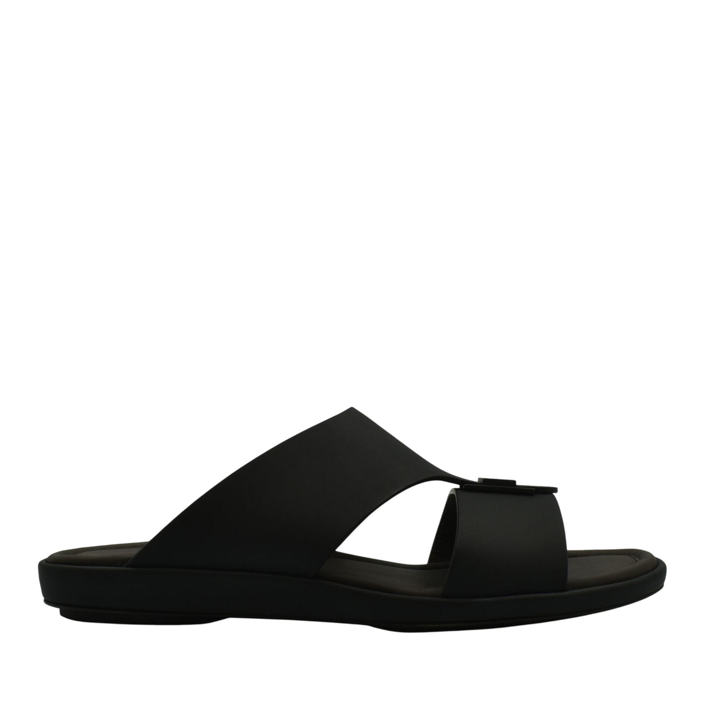 Black slip-on prestige casual footwear sandal with wide straps and cushioned sole