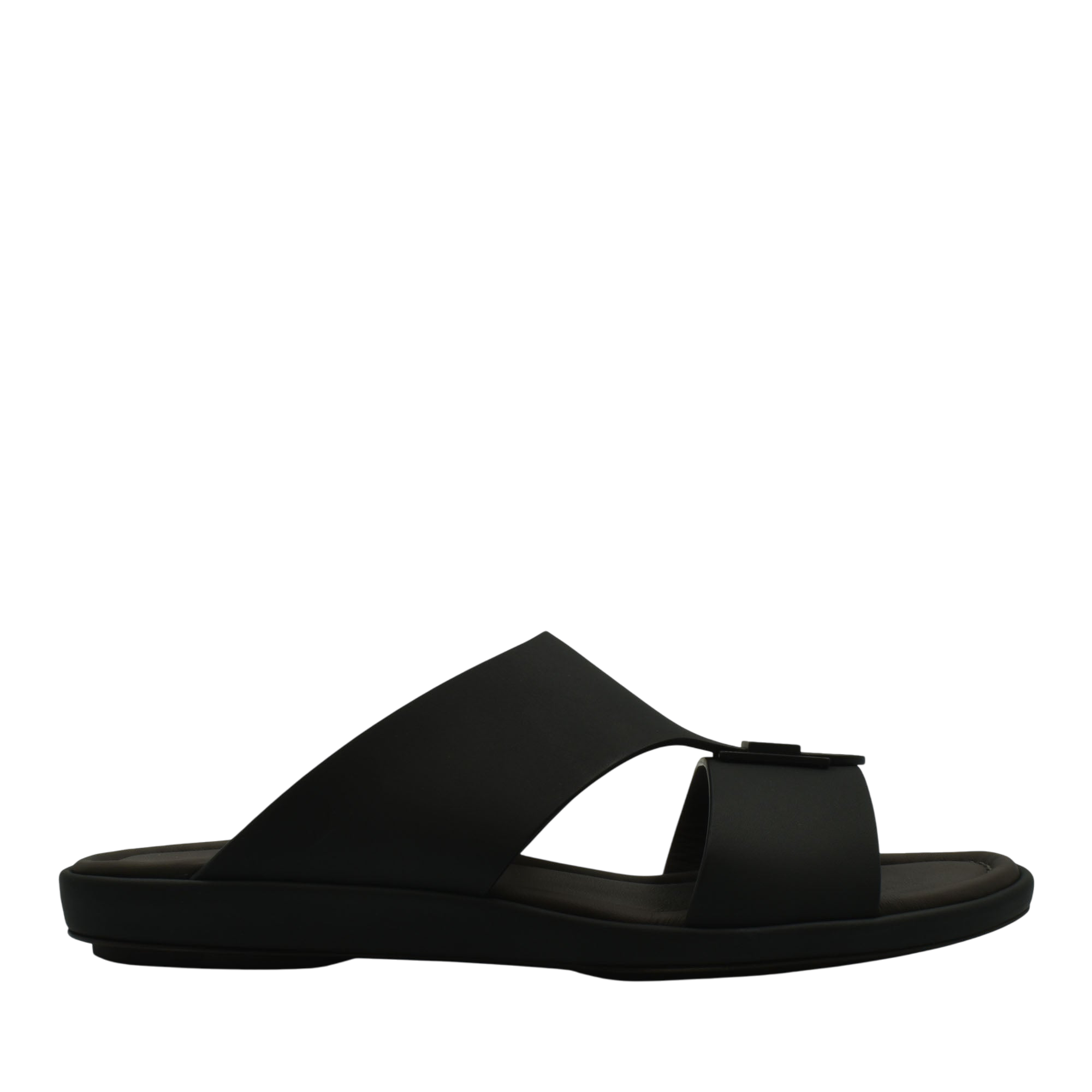 Black slip-on prestige casual footwear sandal with wide straps and cushioned sole