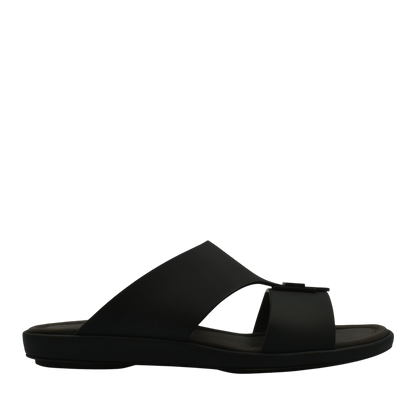 Black slip-on prestige casual footwear sandal with wide straps and cushioned sole