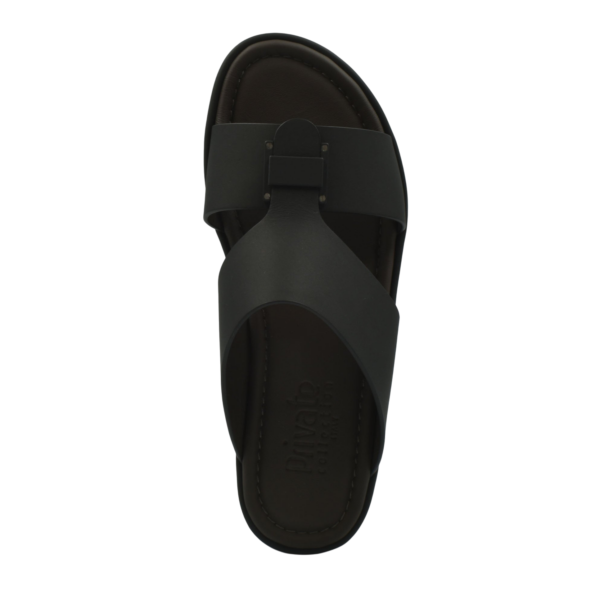 Black leather slide sandal from Private Collection prestige casual footwear with wide straps