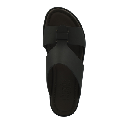 Black leather slide sandal from Private Collection prestige casual footwear with wide straps
