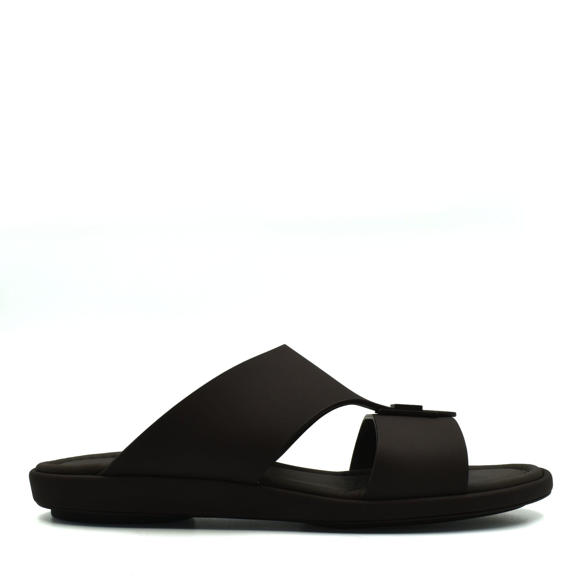 Black slide sandal from private collection featuring prestige casual footwear design with wide straps