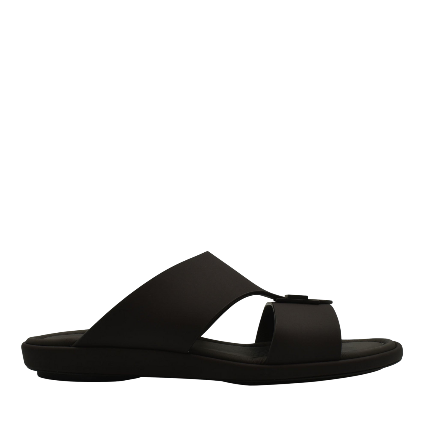 Black slide sandal from private collection featuring prestige casual footwear design with wide straps