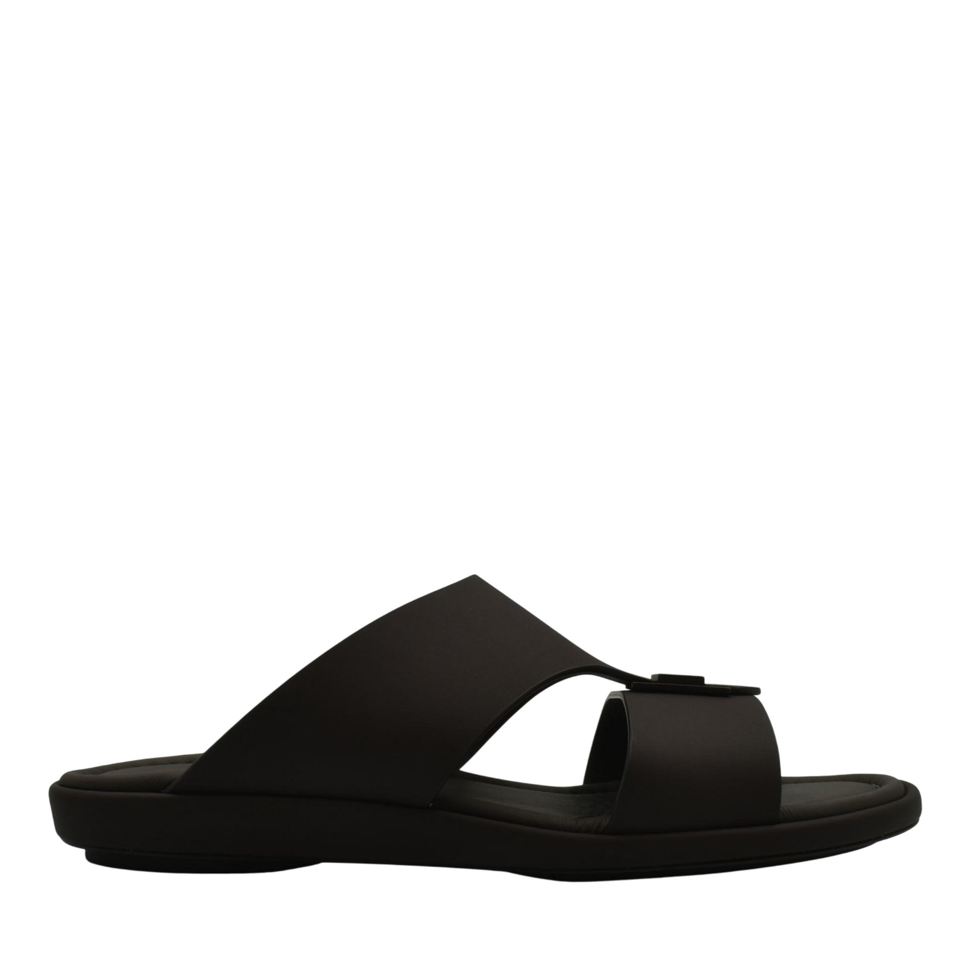Black slide sandal from private collection featuring prestige casual footwear design with wide straps