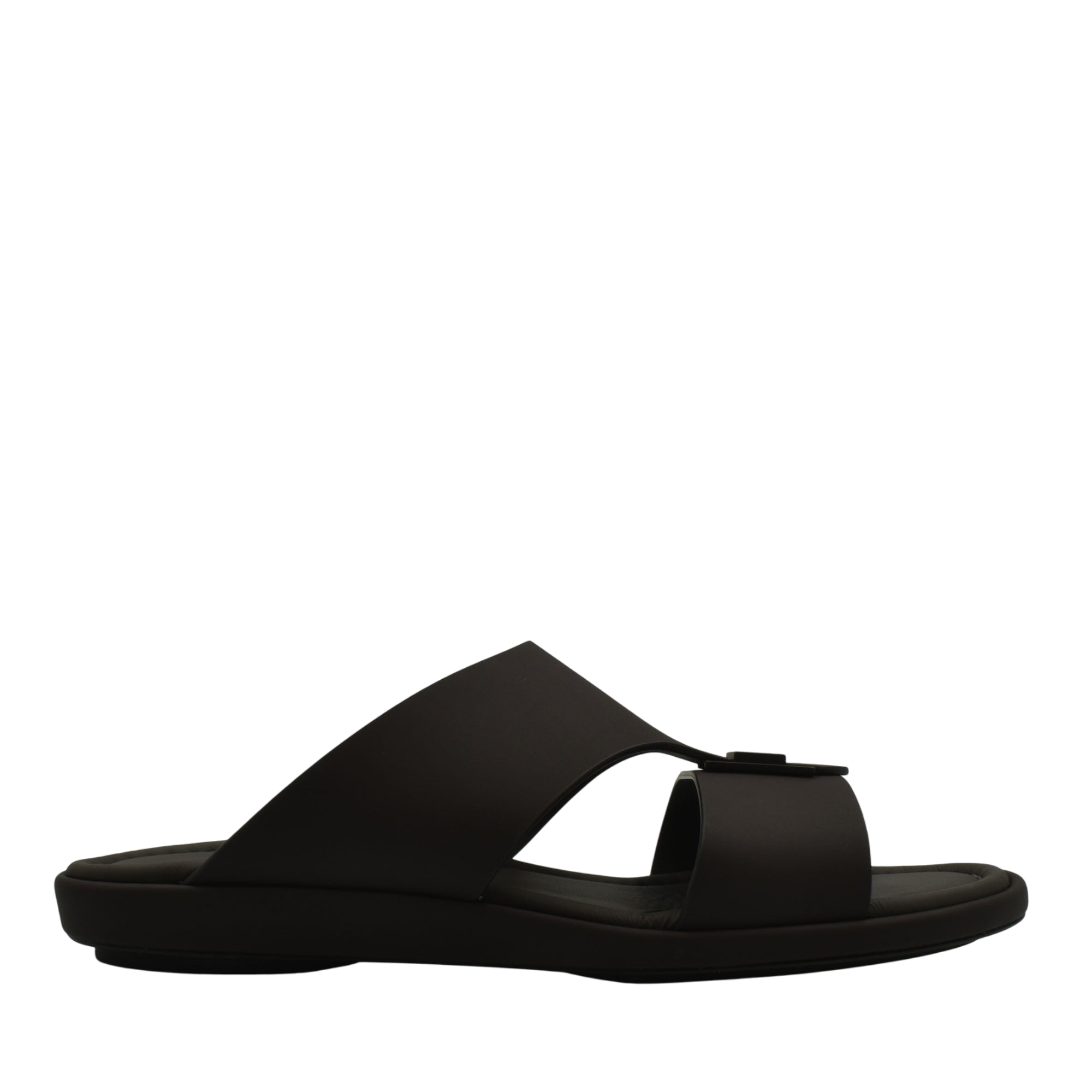 Black slide sandal from private collection featuring prestige casual footwear design with wide straps