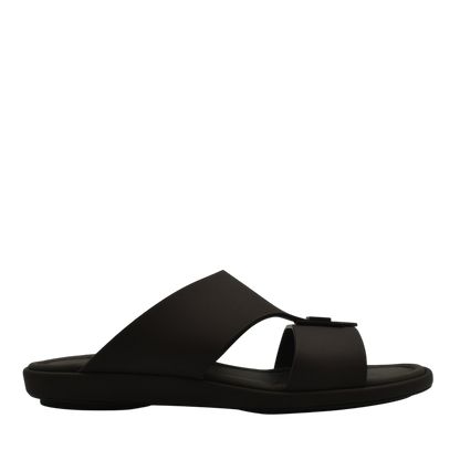 Black slide sandal from private collection featuring prestige casual footwear design with wide straps