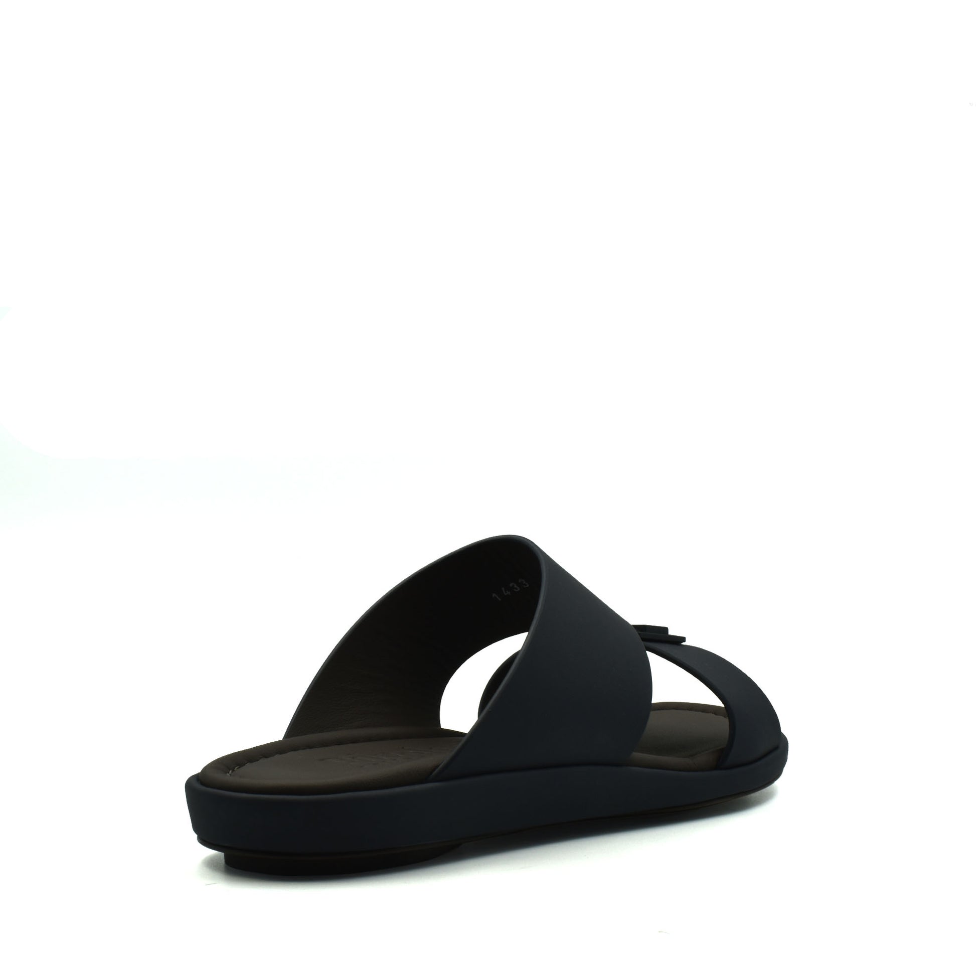 Black slip-on prestige casual footwear sandal with cushioned sole and sleek design