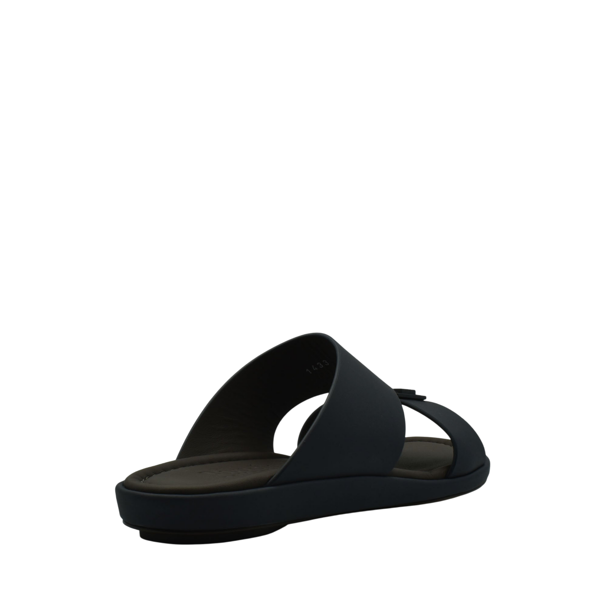 Black slip-on prestige casual footwear sandal with cushioned sole and sleek design