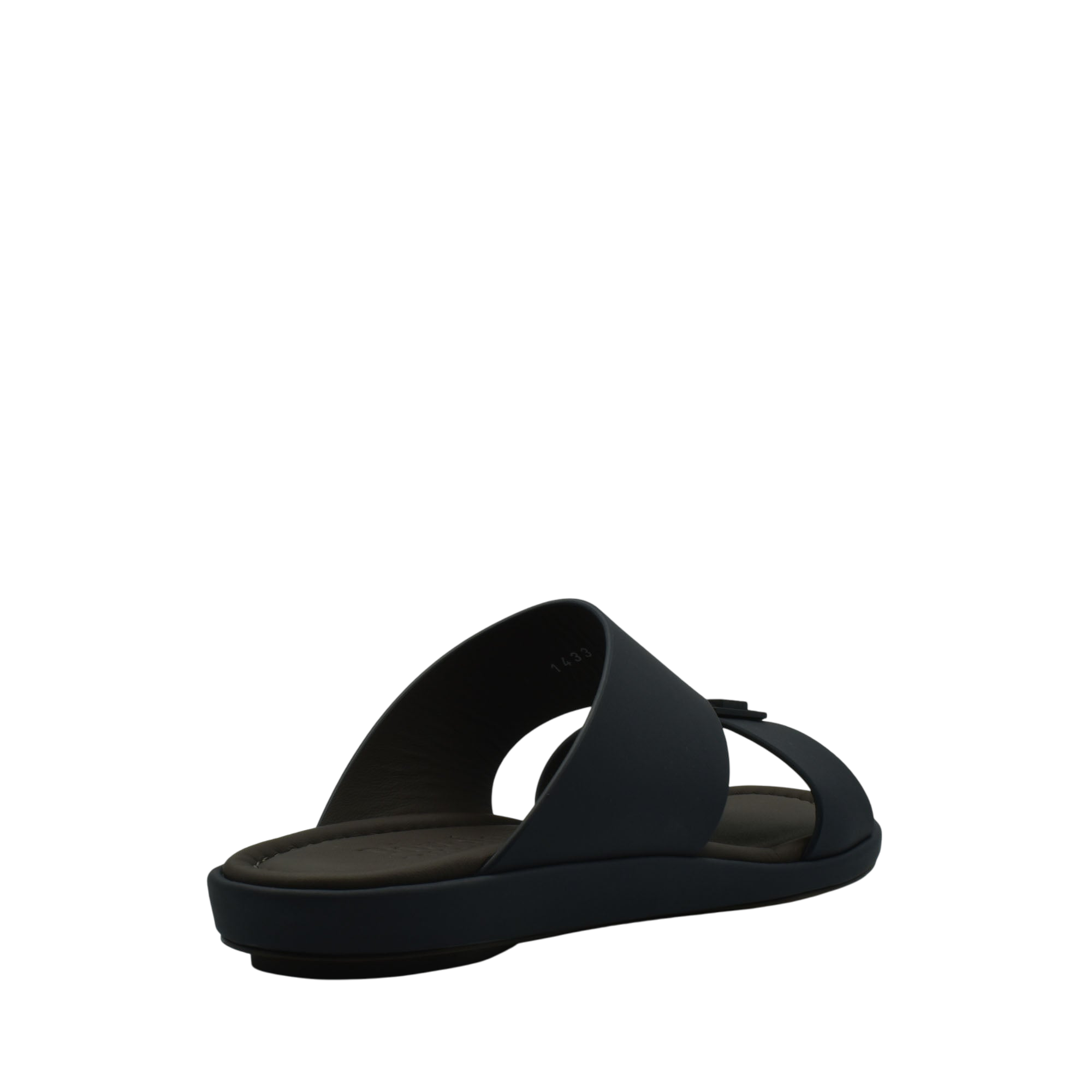 Black slip-on prestige casual footwear sandal with cushioned sole and sleek design