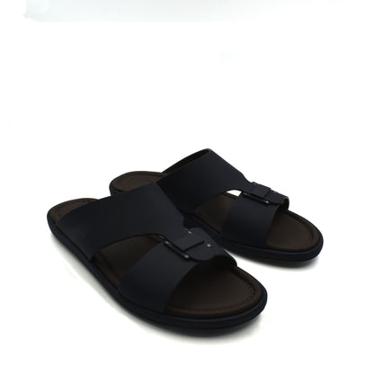Black leather sandals from Private Collection representing prestige casual footwear with open toe design