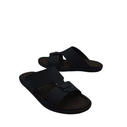 Black slip-on prestige casual footwear with adjustable strap and cushioned sole for comfort
