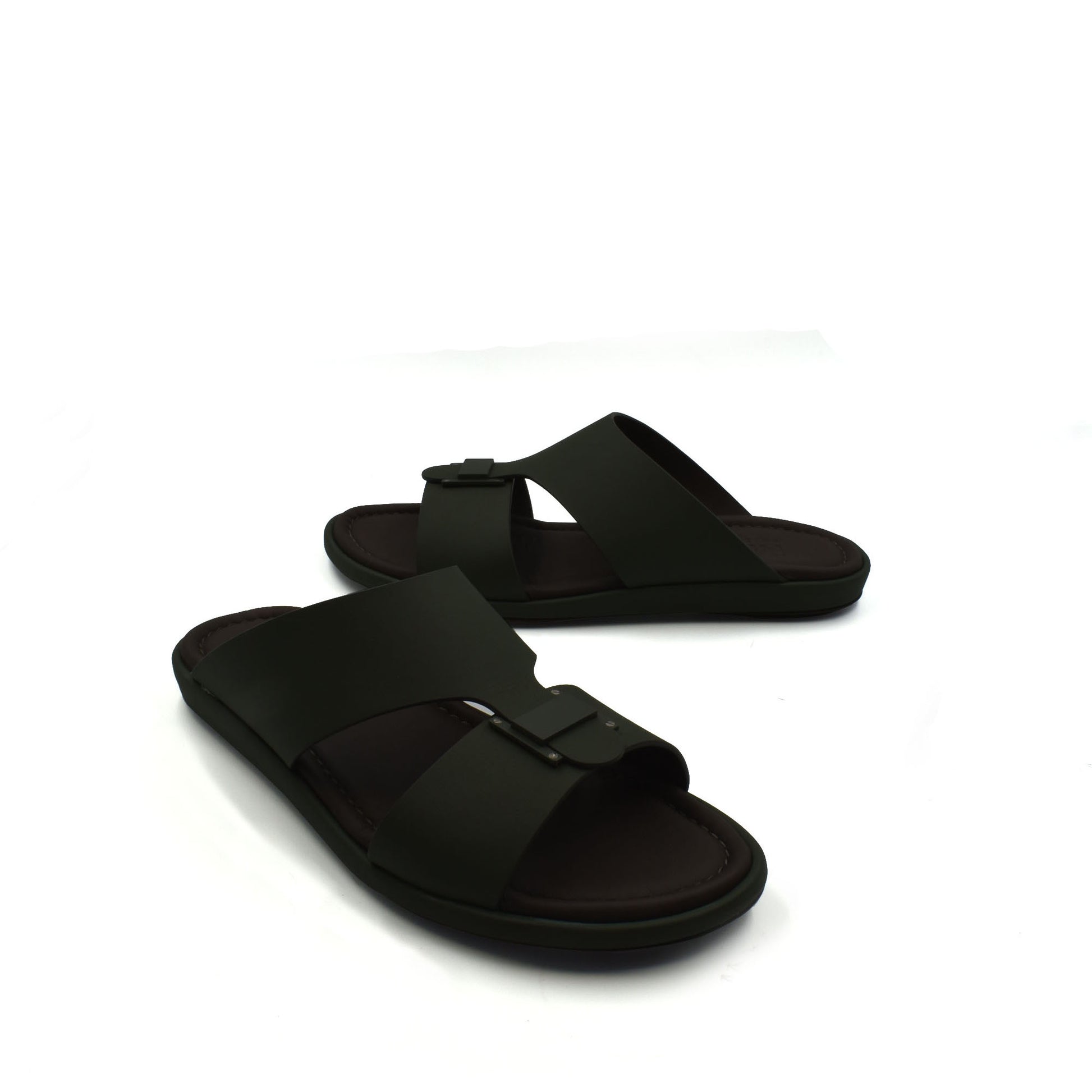 Black slide sandals from Private Collection featuring prestige casual footwear design with buckle straps