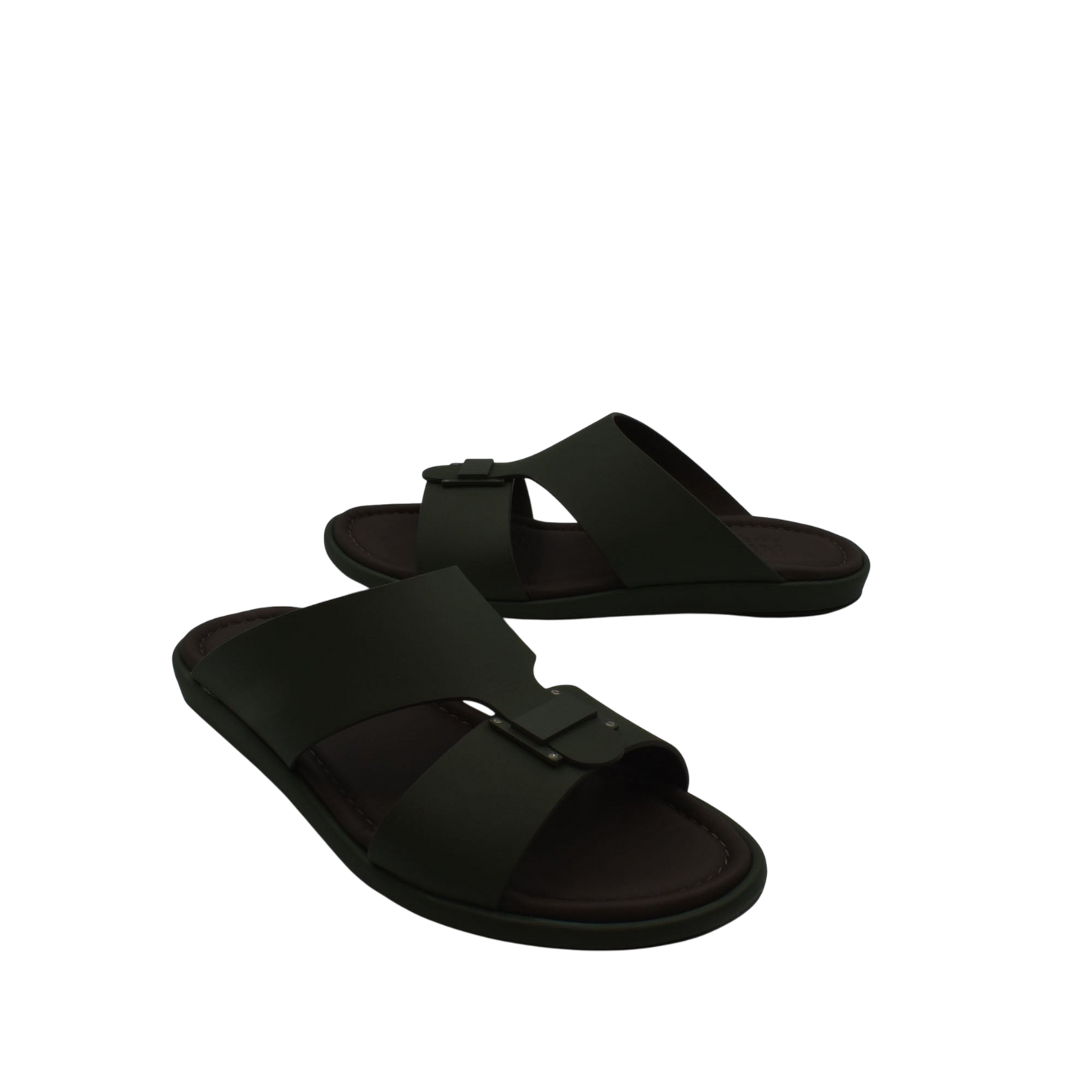 Black slide sandals from Private Collection featuring prestige casual footwear design with buckle straps