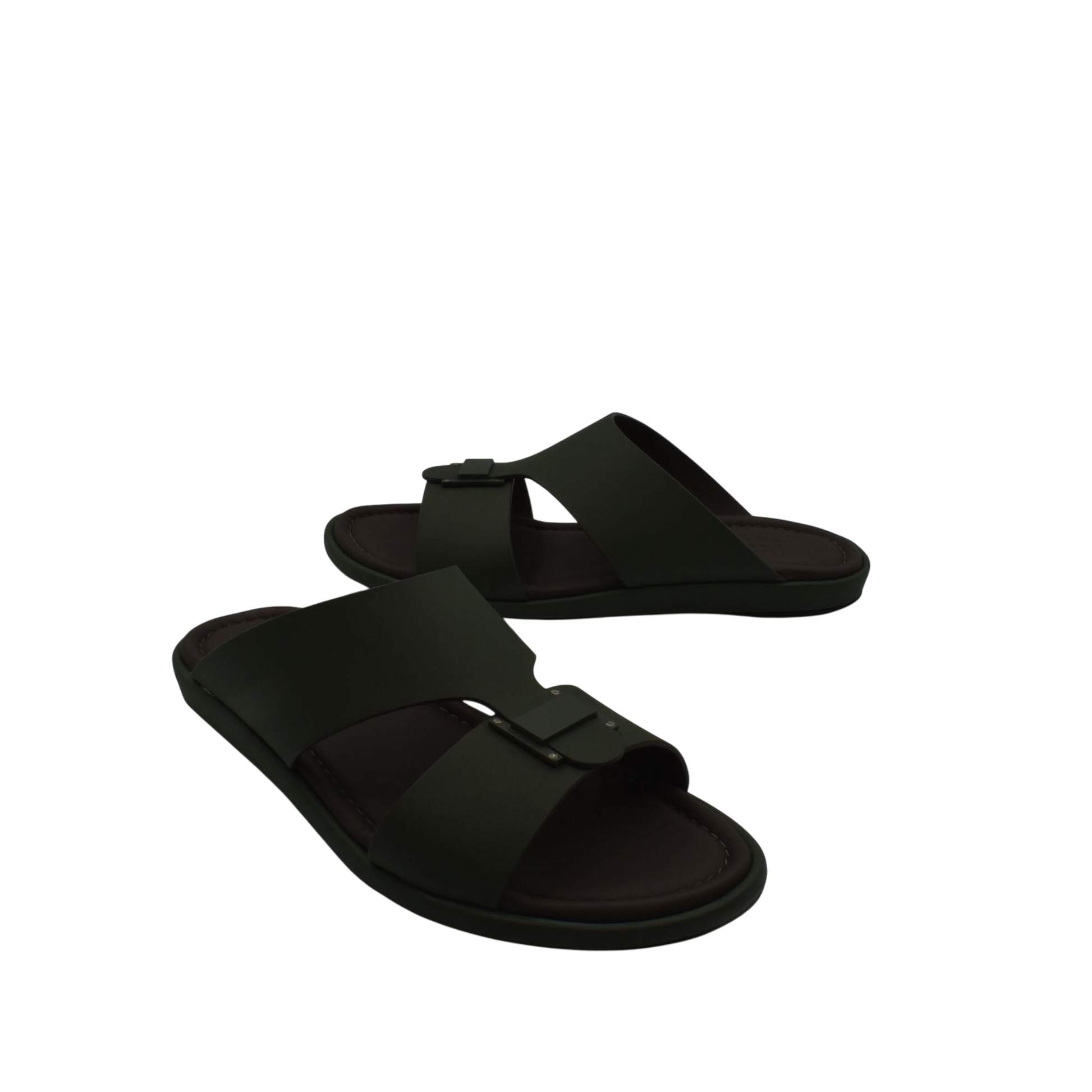Black slide sandals from Private Collection featuring prestige casual footwear design with buckle straps