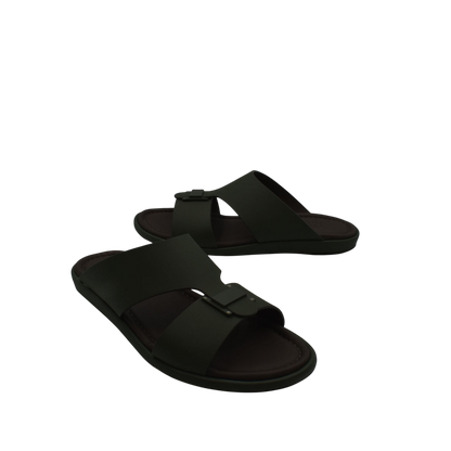 Black slide sandals from Private Collection featuring prestige casual footwear design with buckle straps