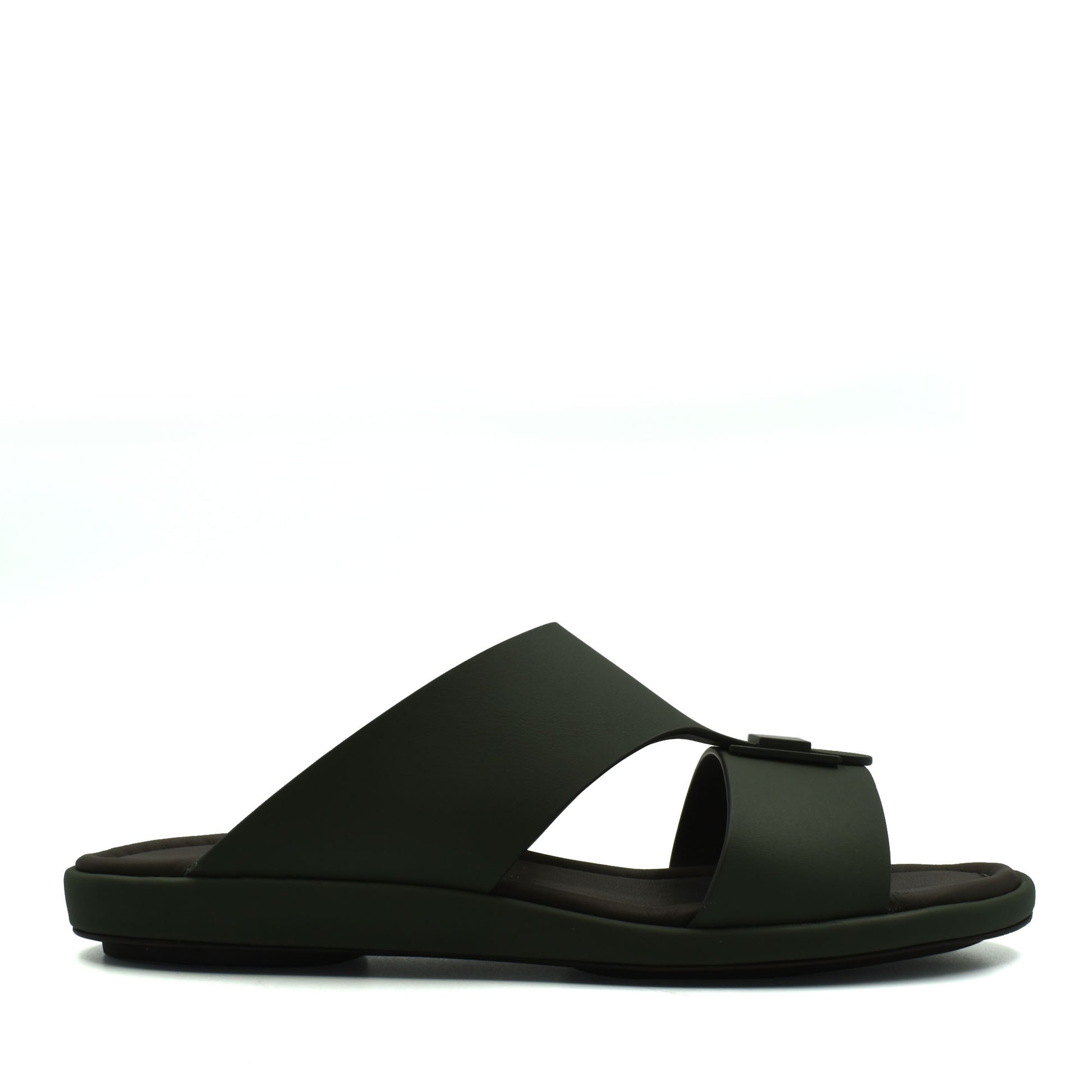 Black slip-on sandal from private collection prestige casual footwear with wide straps and flat sole