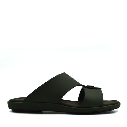 Black slip-on sandal from private collection prestige casual footwear with wide straps and flat sole