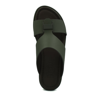 Top view of olive green prestige casual footwear sandal with crisscross straps and cushioned sole