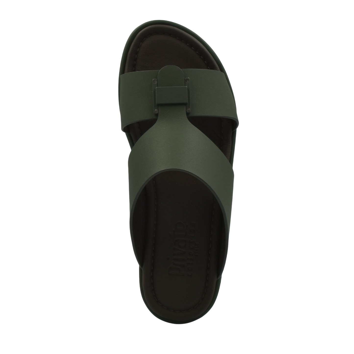 Top view of olive green prestige casual footwear sandal with crisscross straps and cushioned sole