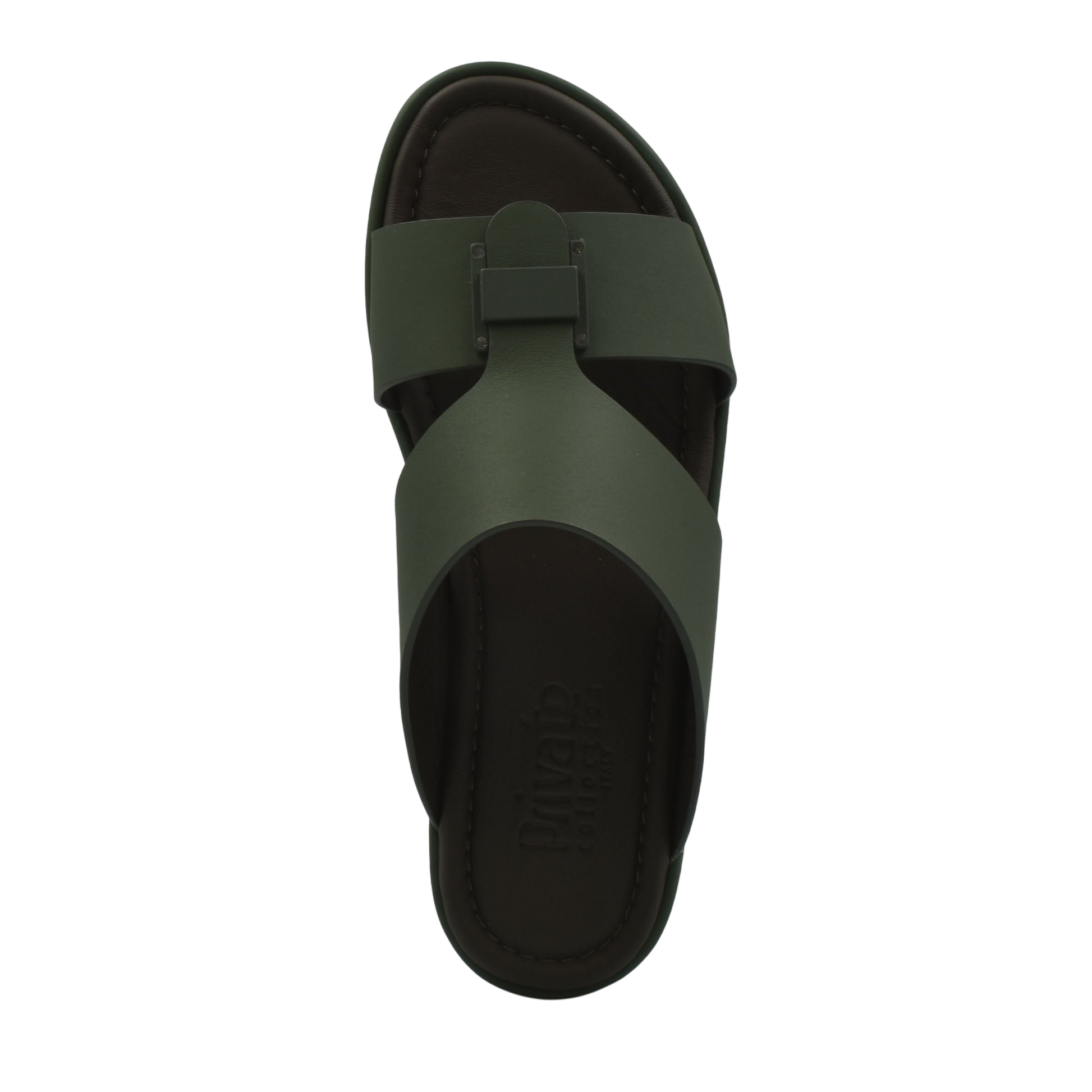 Top view of olive green prestige casual footwear sandal with crisscross straps and cushioned sole