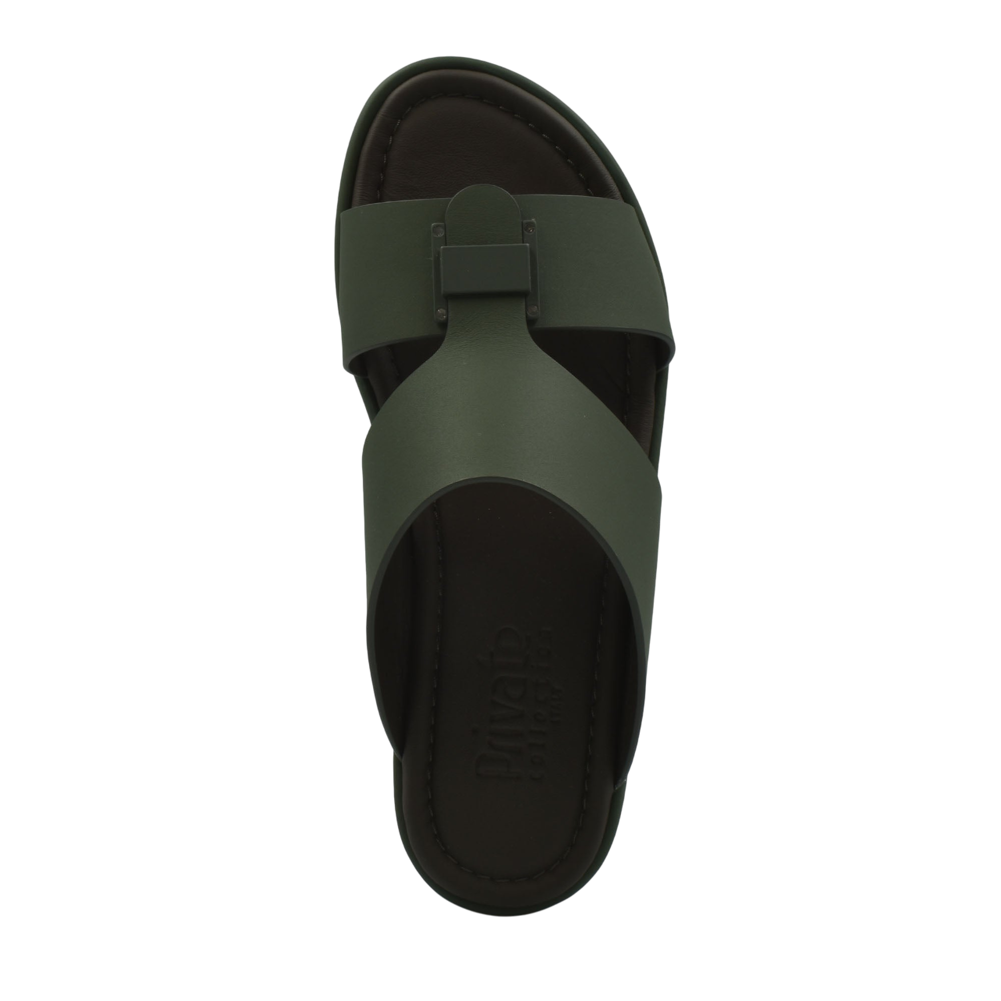 Top view of olive green prestige casual footwear sandal with crisscross straps and cushioned sole