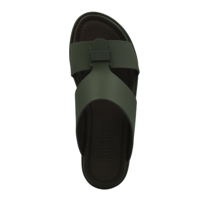 Top view of olive green prestige casual footwear sandal with crisscross straps and cushioned sole