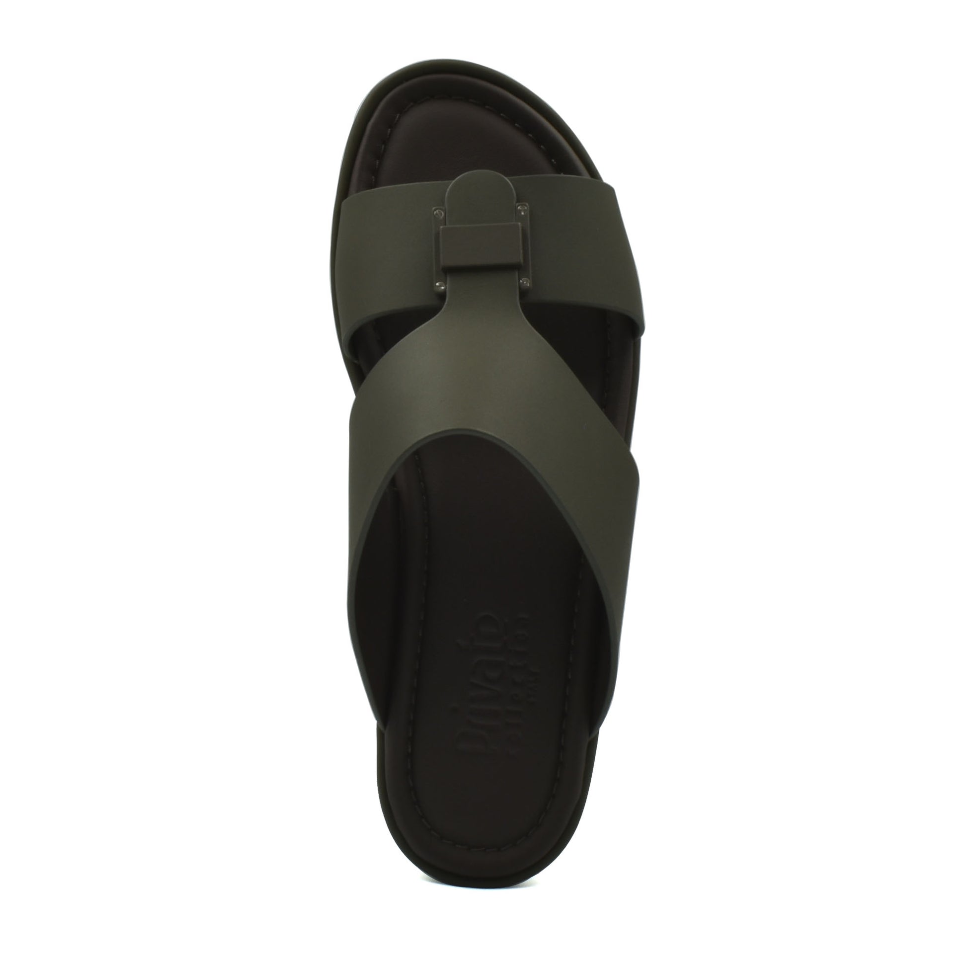 Top view of green prestige casual footwear slide sandal with wide straps and cushioned sole