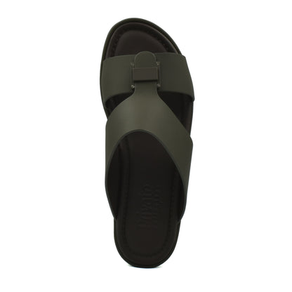 Top view of green prestige casual footwear slide sandal with wide straps and cushioned sole