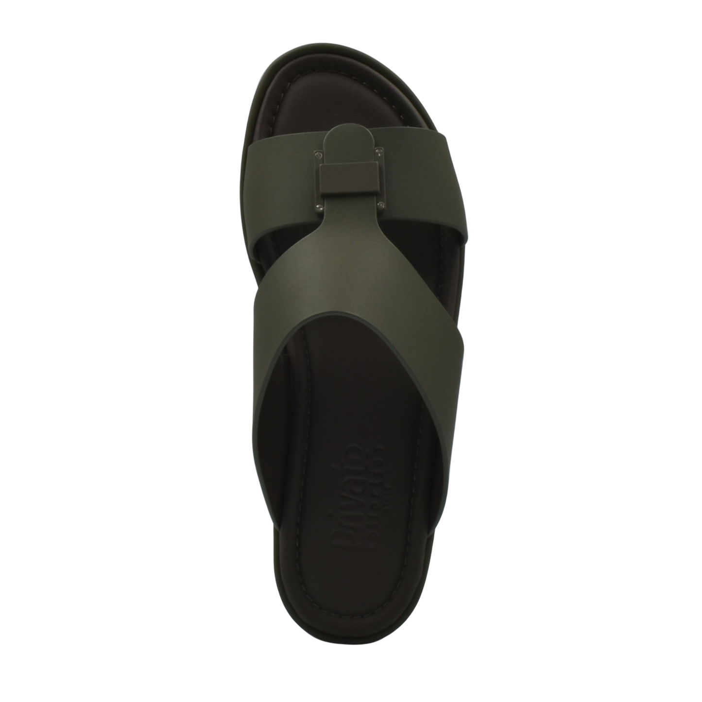 Top view of green prestige casual footwear slide sandal with wide straps and cushioned sole
