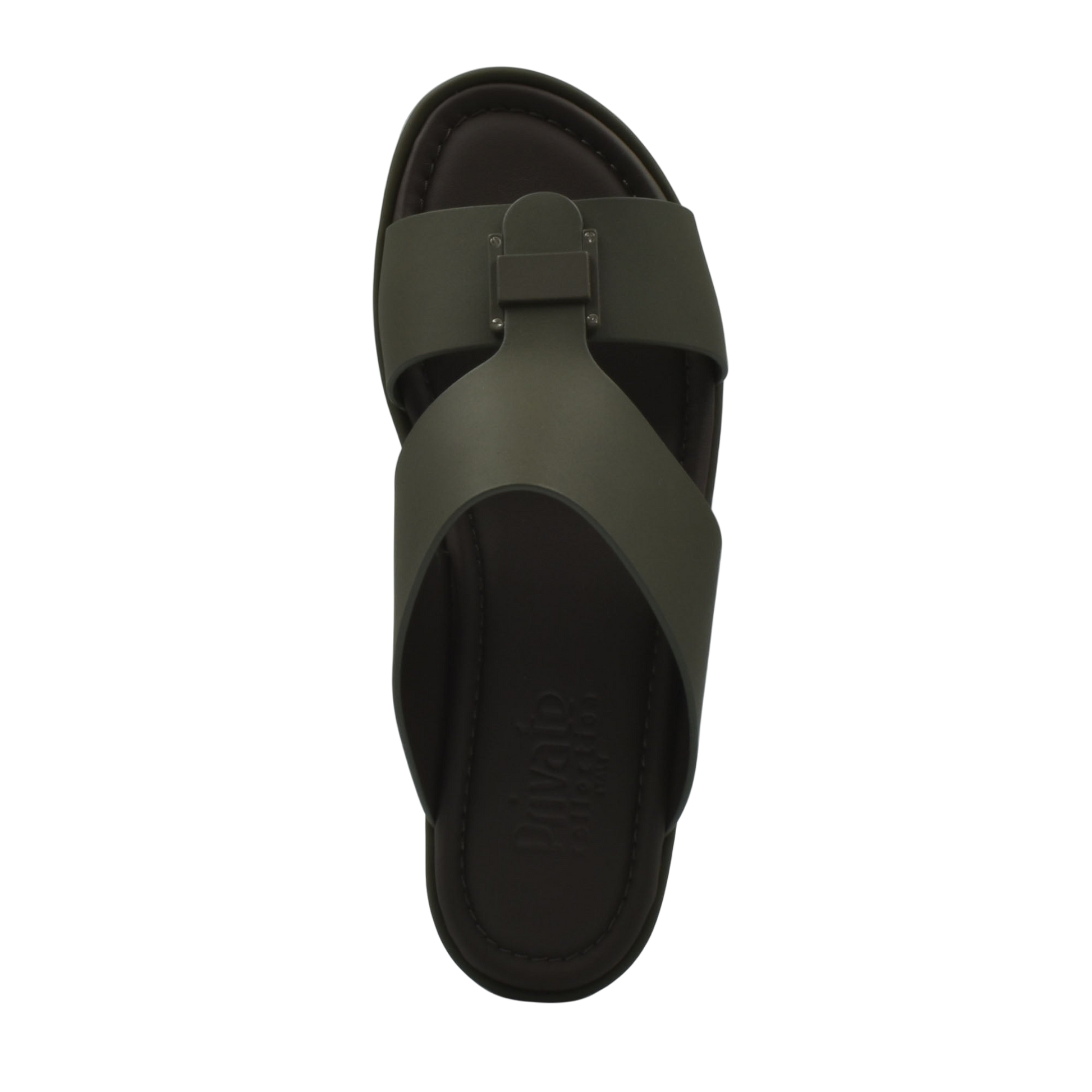 Top view of green prestige casual footwear slide sandal with wide straps and cushioned sole