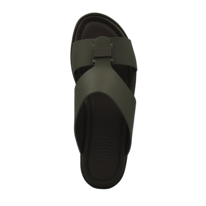 Top view of green prestige casual footwear slide sandal with wide straps and cushioned sole